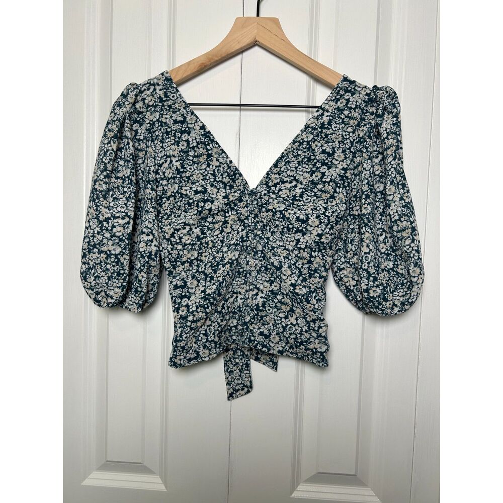 Abercrombie & Fitch Floral Puff Sleeve V-Neck Tie Crop Top XXS Teal